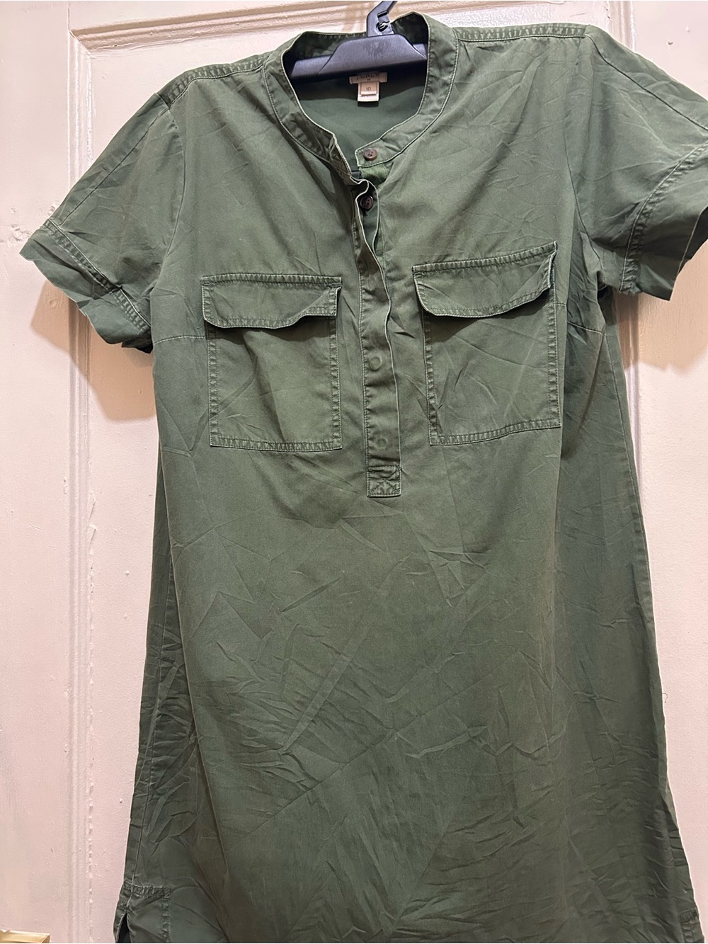 J. Crew Olive Green Short-Sleeve Utility Mini Shirt Dress Cotton Pockets